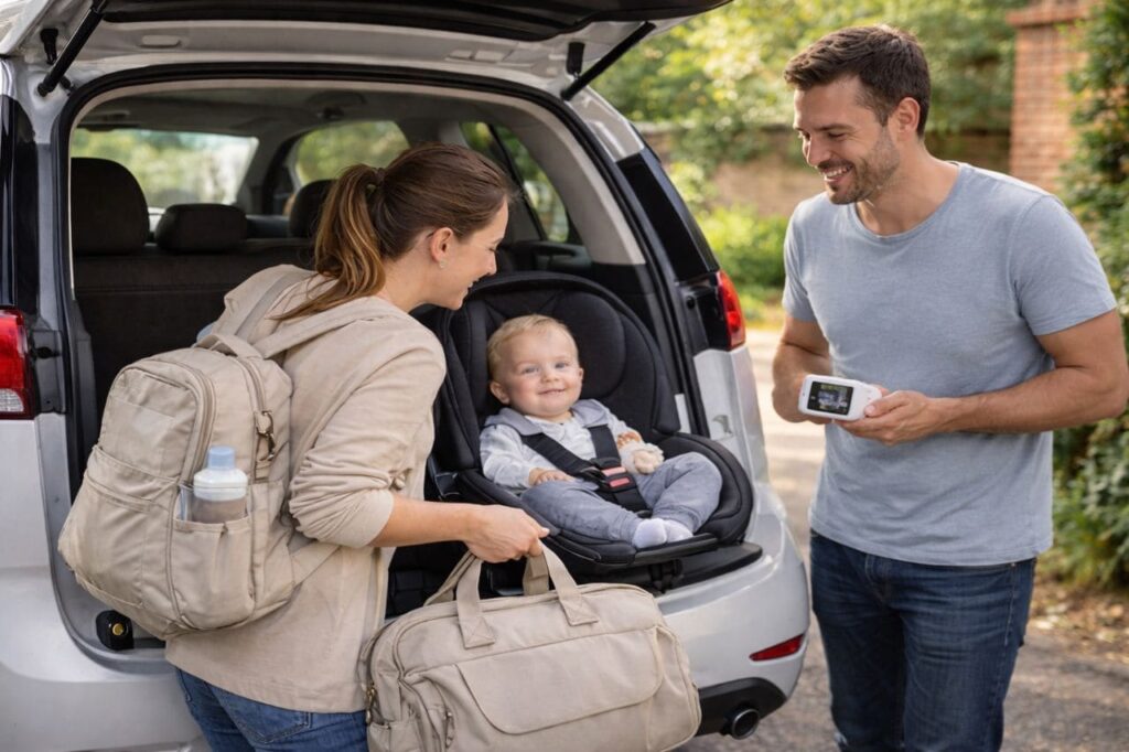 Parents voyageant avec leur bébé et un babyphone