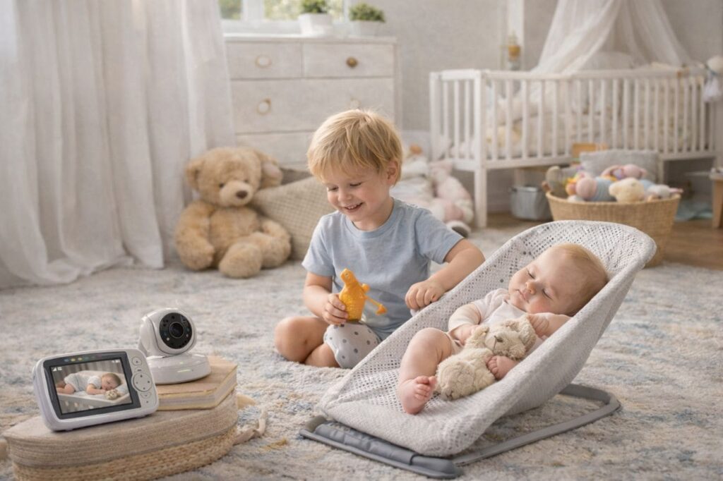 Deux enfants surveillés par un babyphone vidéo