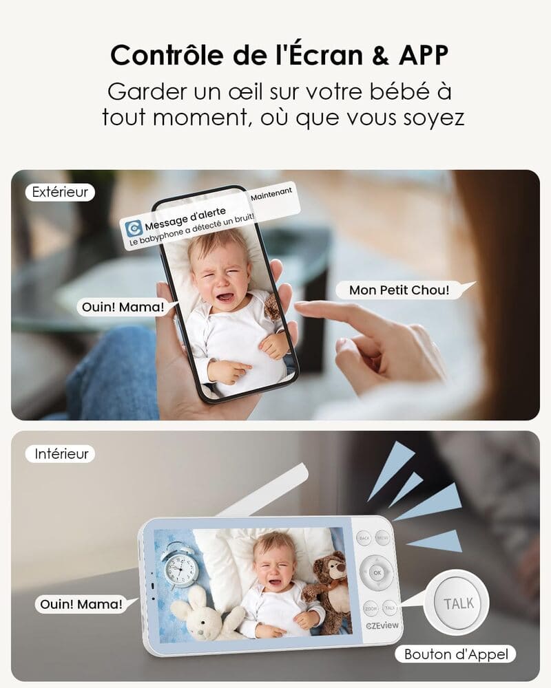 Babyphone CZEview ZY-BM6 : utilisation sur smartphone et moniteur