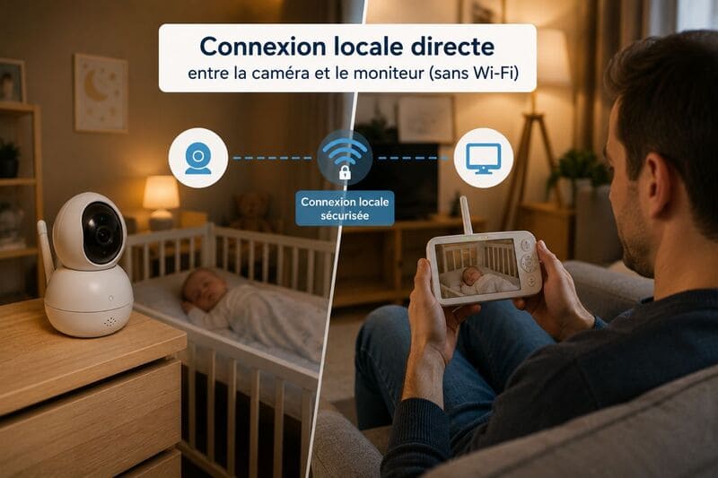 Parent surveillant son enfant depuis un moniteur avec une connexion locale sans internet