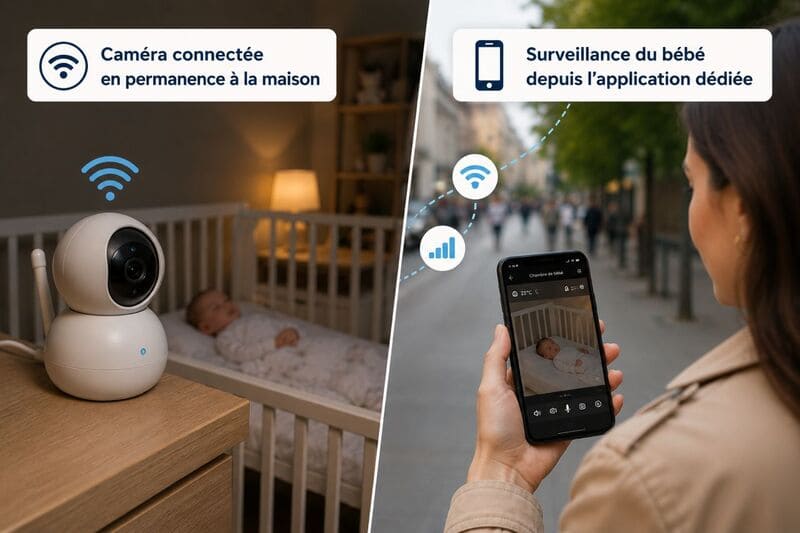 Caméra de babyphone connectée au Wi-Fi du domicile et consultation de la vidéo depuis l'application mobile