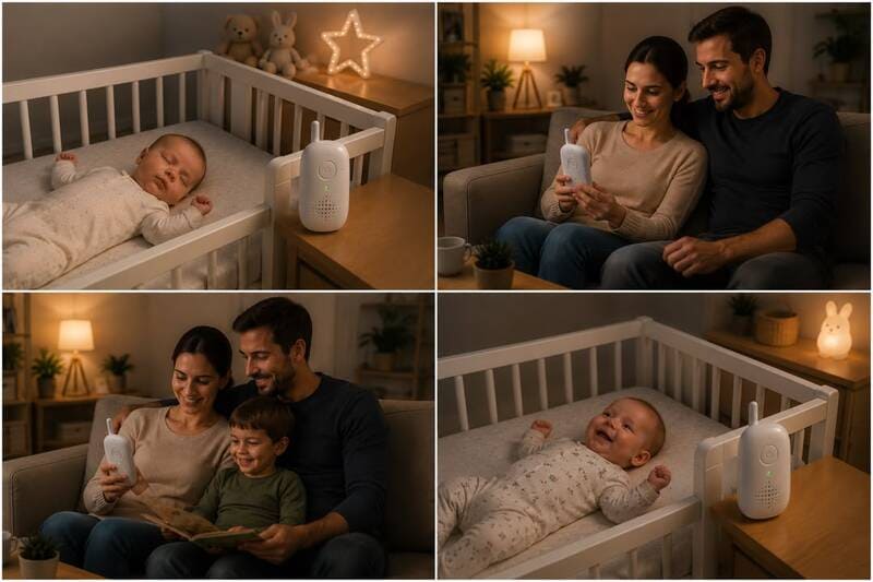 Parents utilisant un babyphone audio pour écouter leurs bébés.
