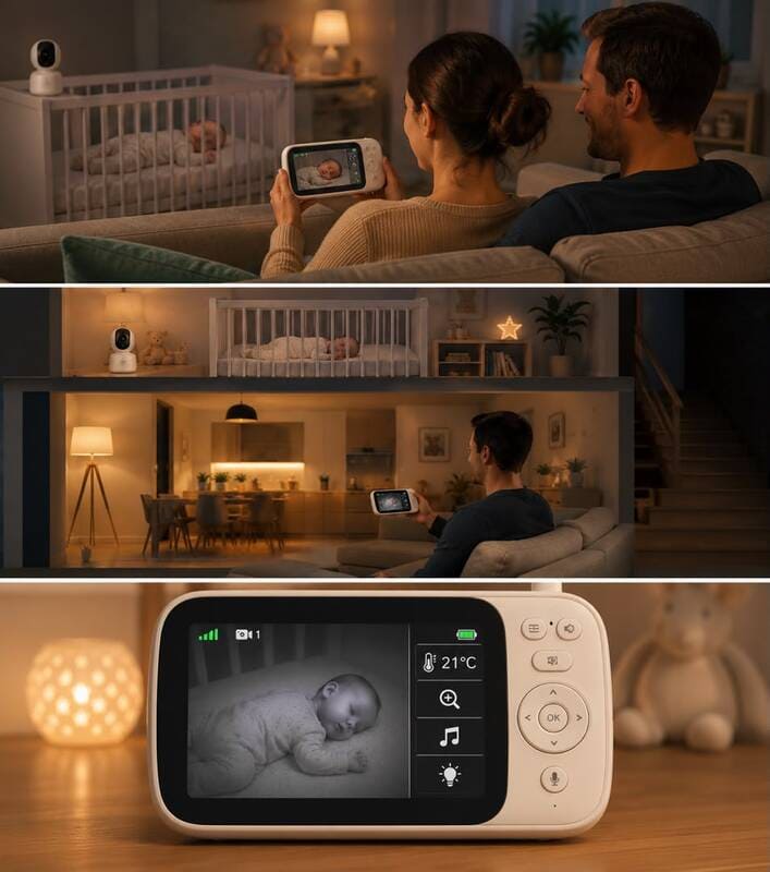 Parents surveillant leur bébé avec un babyphone vidéo 